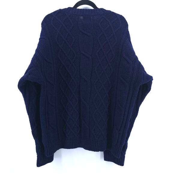 GAP Y2K Navy Shetland's Wool Cable Knit Pullover Sweater Crewneck Ribbed Hems L - Picture 10 of 13